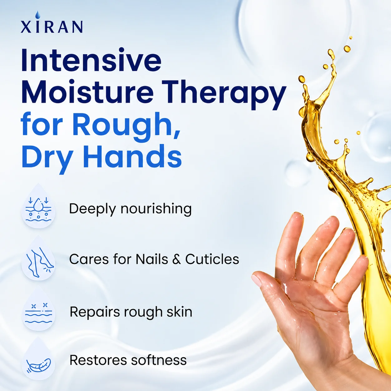A promotional image highlighting XIRAN Intensive Moisture Therapy for rough, dry hands with features like nourishment, cuticle care, and skin repair. Includes a photo of a hand with oil drops.